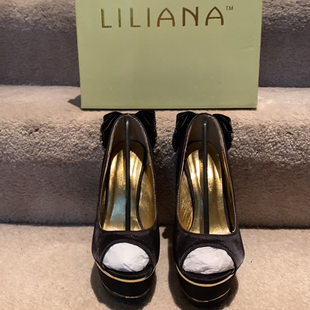 Sexy black rhinestone decor peep toe mirror trim wedges from Liliana. Size 6 1/2 - Picture 9 of 10